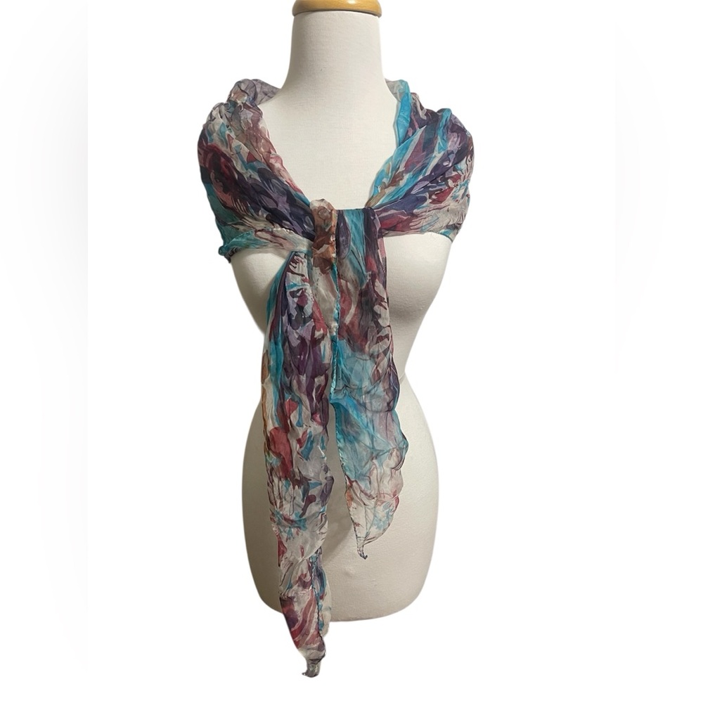 Lightweight Sheer Multicolor Floral Scarf - Blue, Purple, Teal